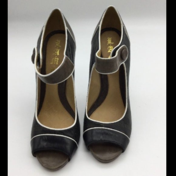 L.A.M.B. Brown Leather Peep Toe Pumps 8 - Picture 3 of 9